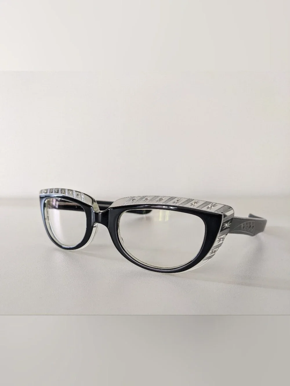 1950s French Cat Eye Frames Rhinestones Etched L. Evrard